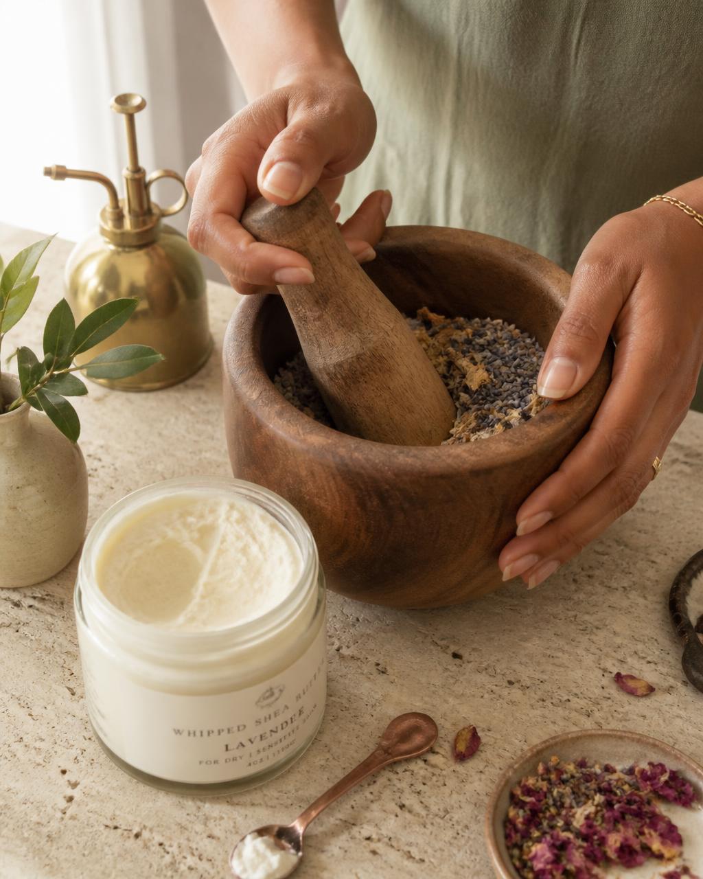 Hands mixing dried herbs, lavender and roots in a wooden mortar beside an open jar of whipped shea butter