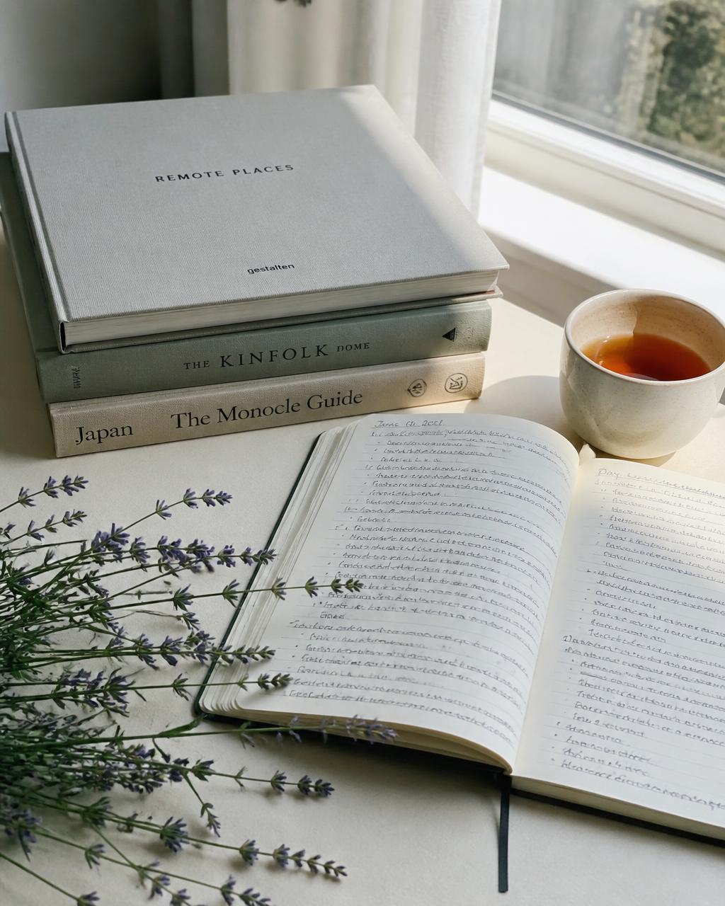 Modern books, a notebook with handwritten notes, tea and fresh lavender in daylight